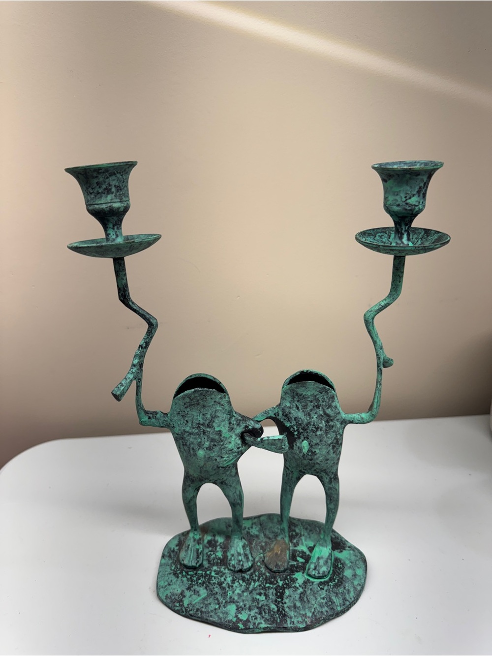 Green Patina Painted Frogs Double Candleholder Made in India